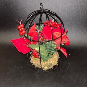 Birdcage Poinsettia Christmas Holiday Red Metal Faux Flower Decor